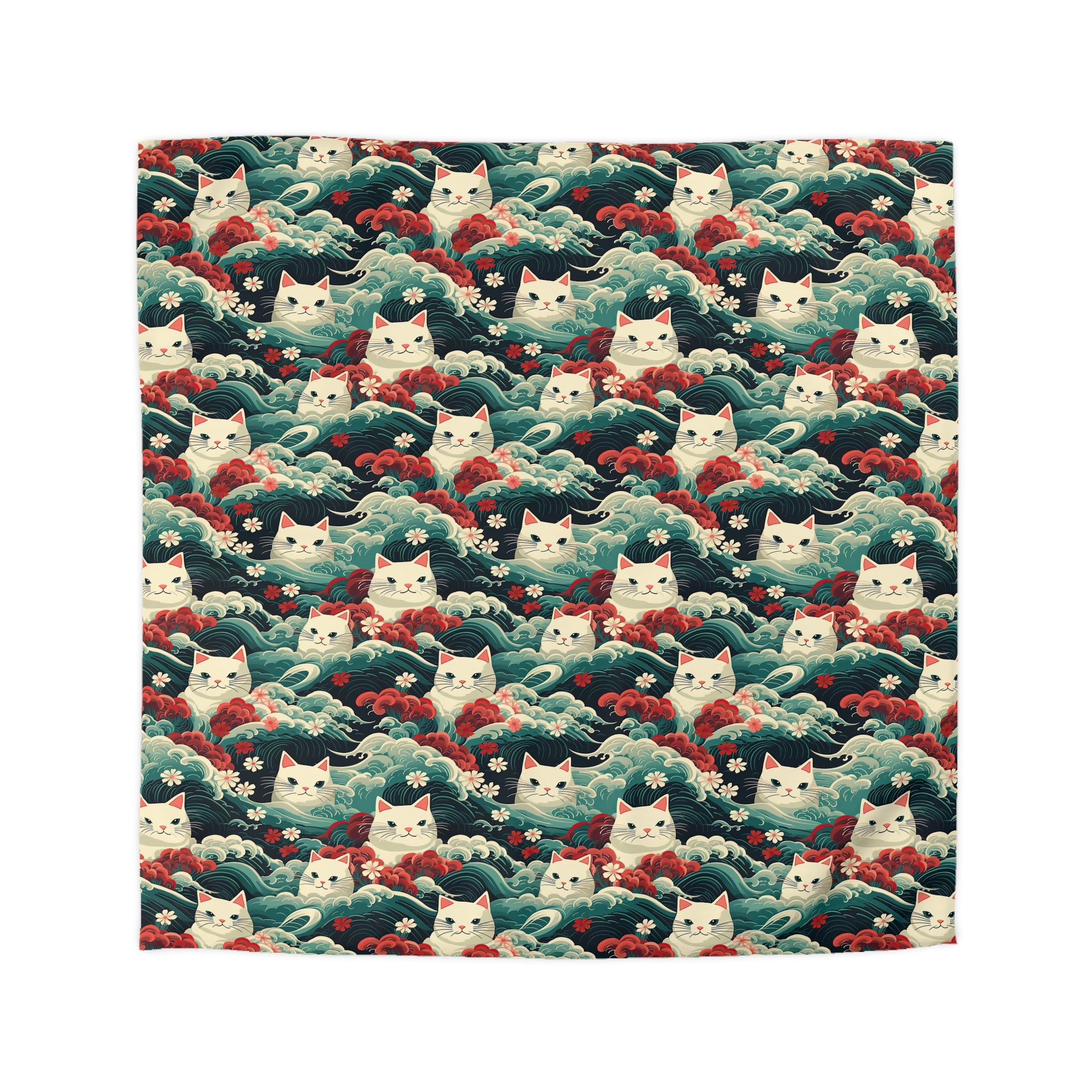 Duvet Cover - A dramatic and powerful Japanese woodblock print-style illustration of cats amidst powerful waves, red flowers, and white cherry blossoms.