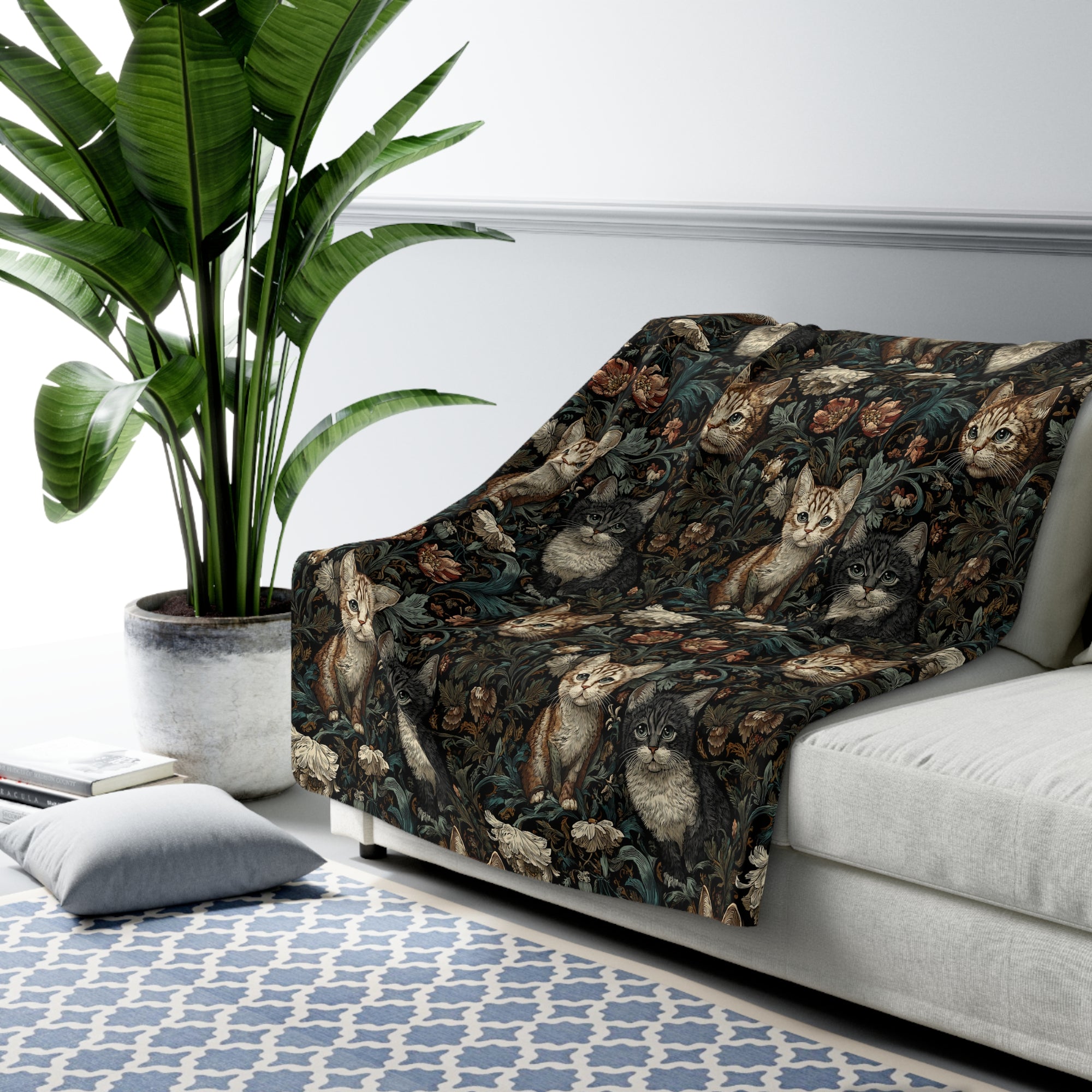 Sherpa Blanket - Brown Tabby Kittens Among Dark Green and Peach Floral Vines, Moody Vintage Style