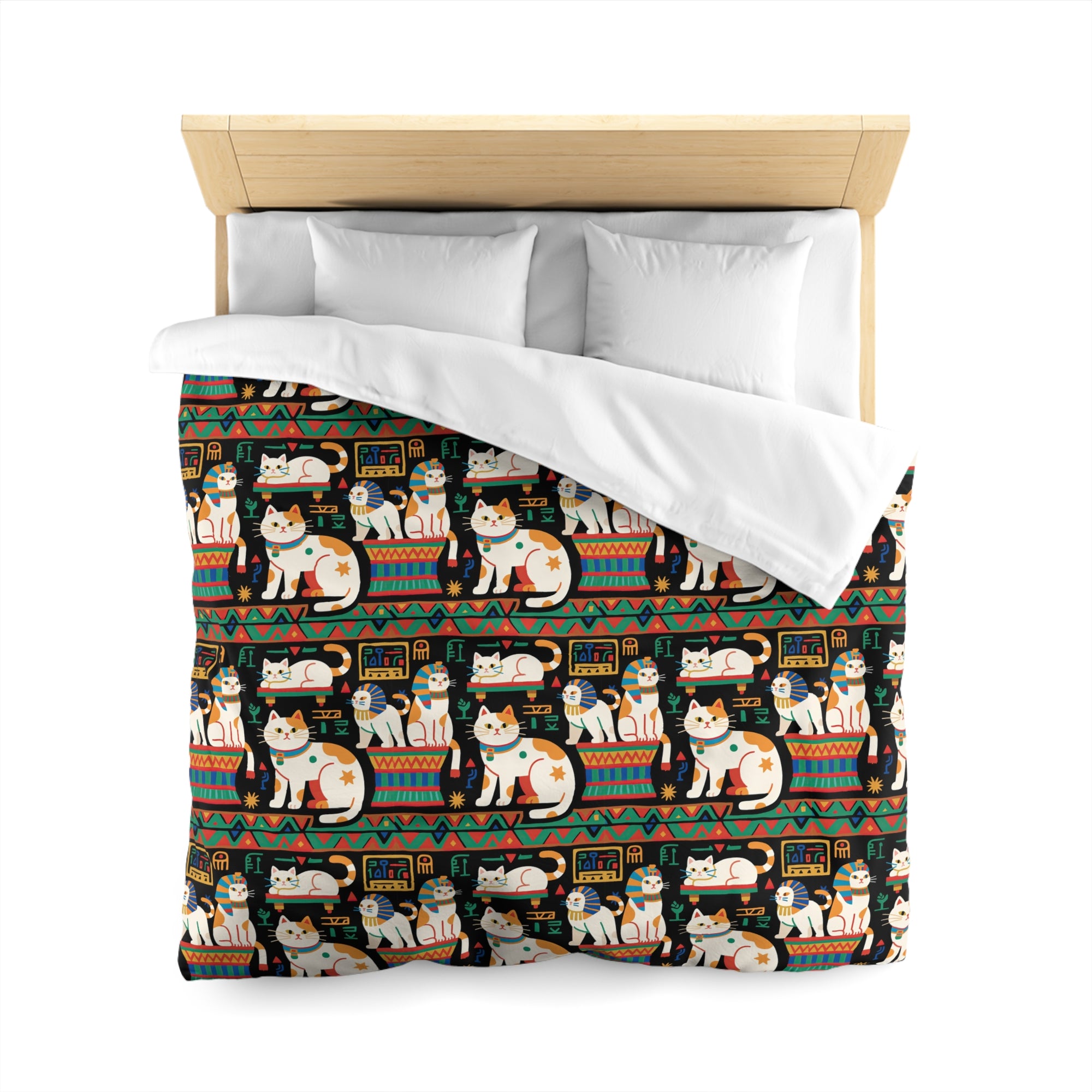 Duvet Cover - Ancient Egyptian Felines with Hieroglyphs and Colorful Borders Adorn this Playful and Culturally Rich Cat Pattern