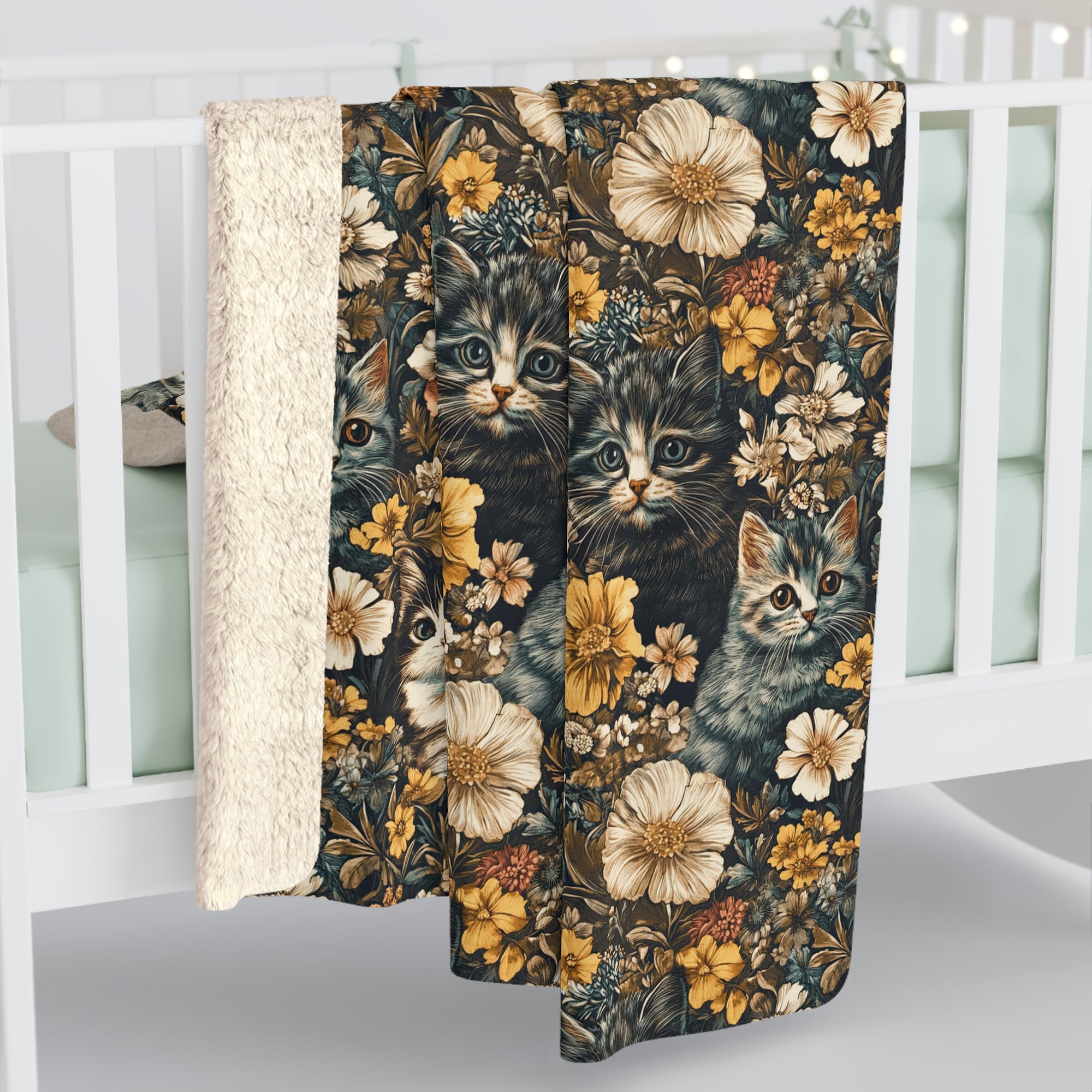 Sherpa Blanket - Grey Tabby Kittens Among Yellow and Peach Flowers, Moody Vintage Botanical Illustration