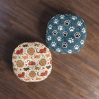 Indoor Round Floor Pillow - Vibrant boho chic cats and mandalas, colorful folk art style, playful felines with yarn and paw prints, artistic and bohemian cat design, cream background, unique animal print