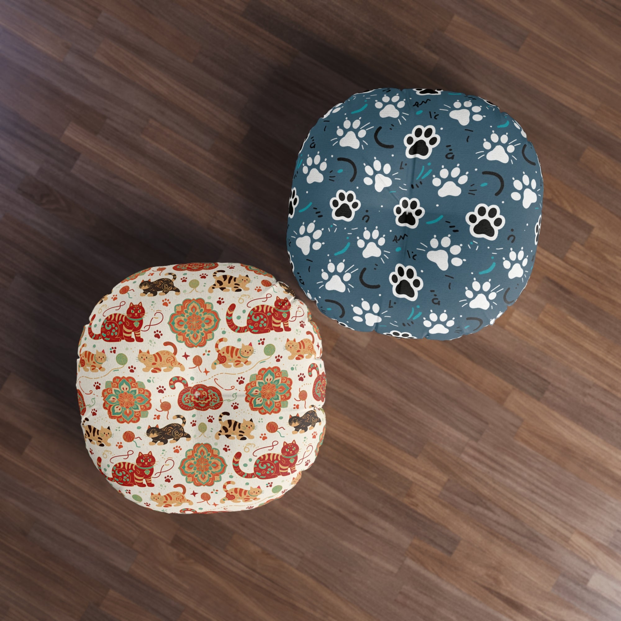 Indoor Round Floor Pillow - Vibrant boho chic cats and mandalas, colorful folk art style, playful felines with yarn and paw prints, artistic and bohemian cat design, cream background, unique animal print