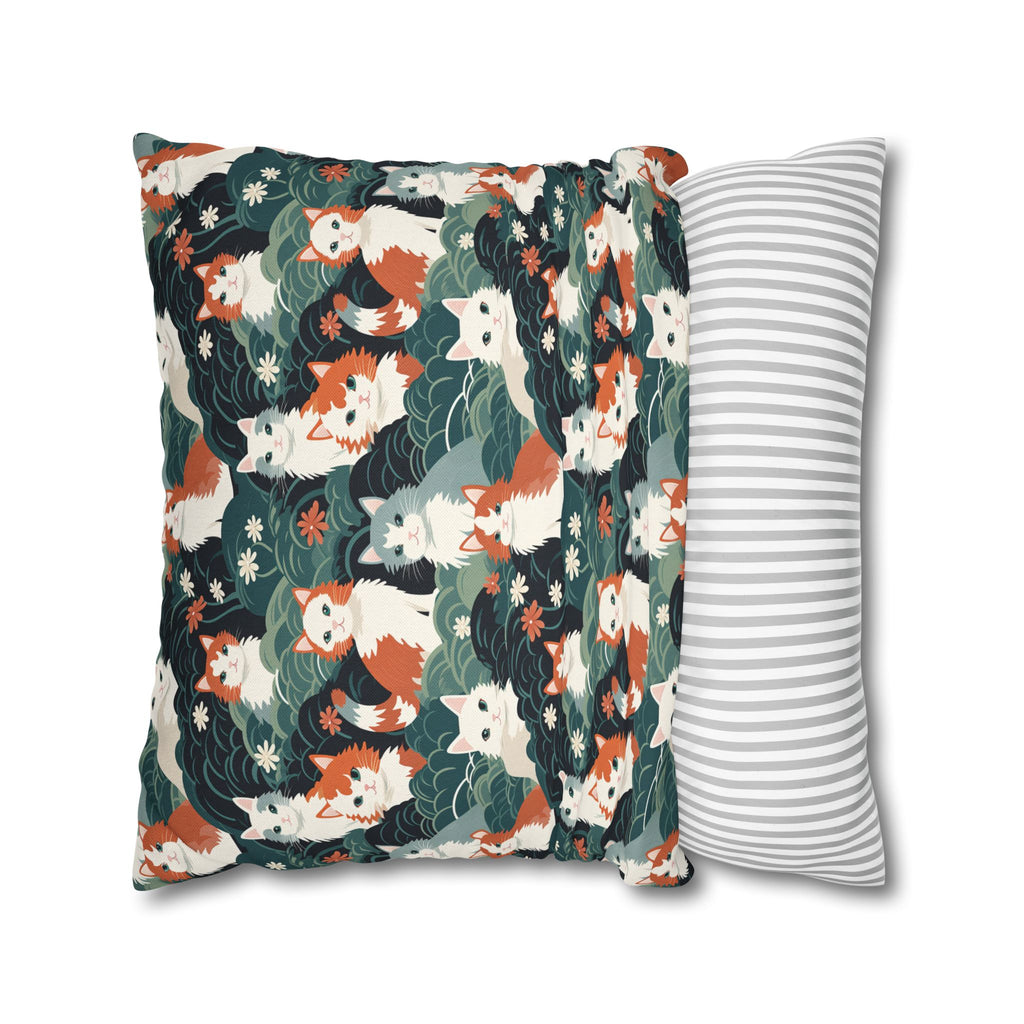 Square Pillowcase - A whimsical, fluffy, watercolor depiction of various cats of different colors peeking out from a dense dark blue and green bush with white flowers.