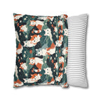 Square Pillowcase - A whimsical, fluffy, watercolor depiction of various cats of different colors peeking out from a dense dark blue and green bush with white flowers.