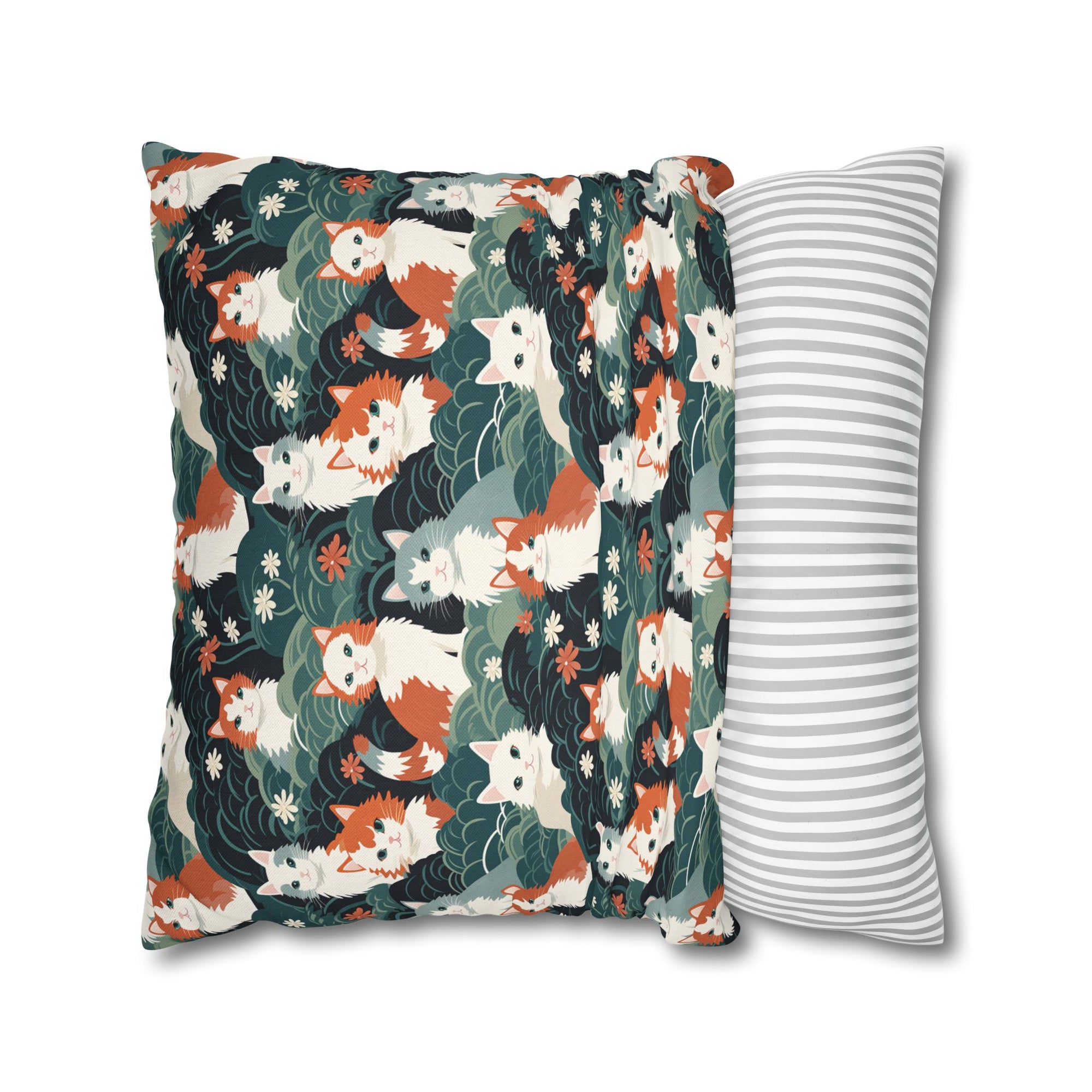 Square Pillowcase - A whimsical, fluffy, watercolor depiction of various cats of different colors peeking out from a dense dark blue and green bush with white flowers.