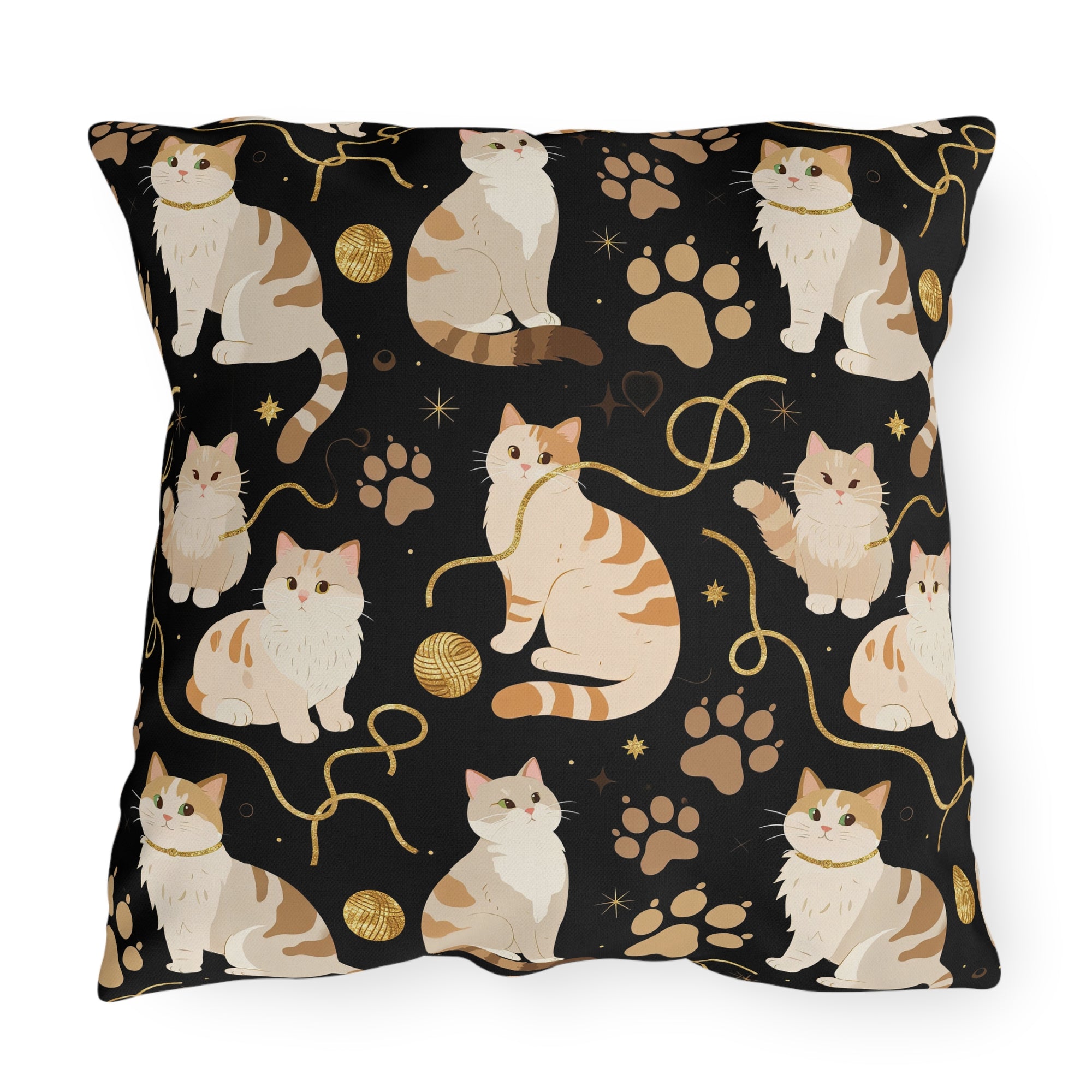 Outdoor Pillow - Elegant felines and sparkling gold yarn on black, adorable cats with golden paw prints, sophisticated pet motif, charming animal pattern, cozy and warm artistic illustration