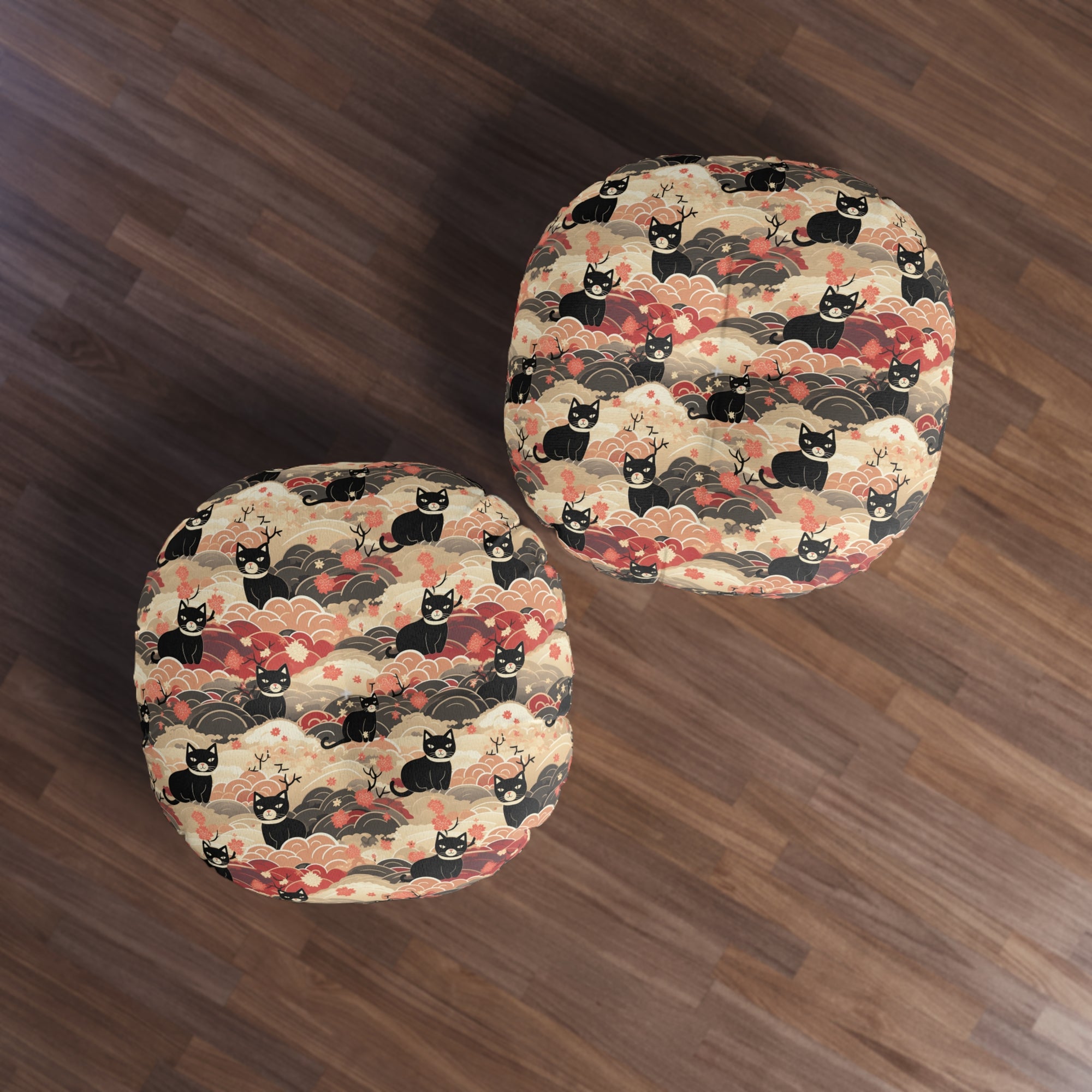 Indoor Round Floor Pillow - A whimsical and enchanting Japanese-style pattern featuring cute black and orange cats nestled among vibrant orange blossoms and soft, cloudy backgrounds.