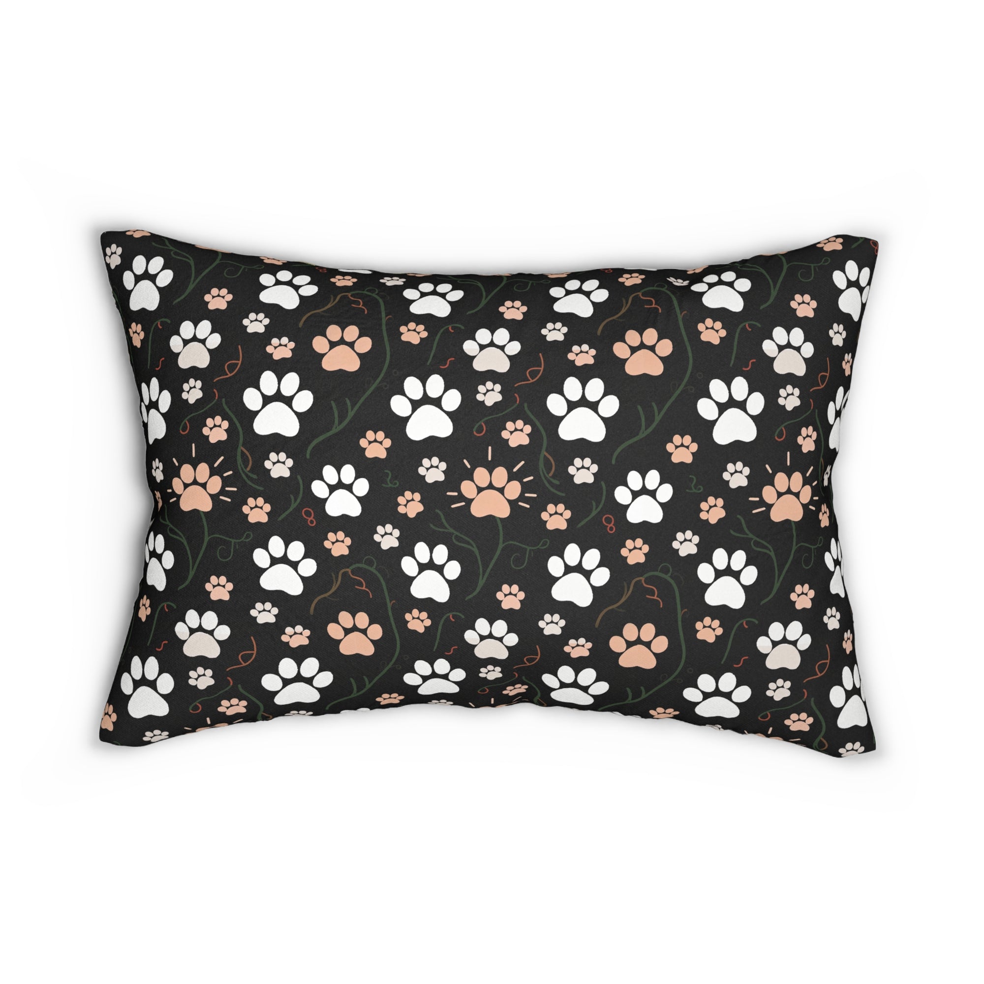 Indoor Lumbar Pillow - Grey and White Kittens Playing with Golden Yarn on a Black Background with Paw Prints