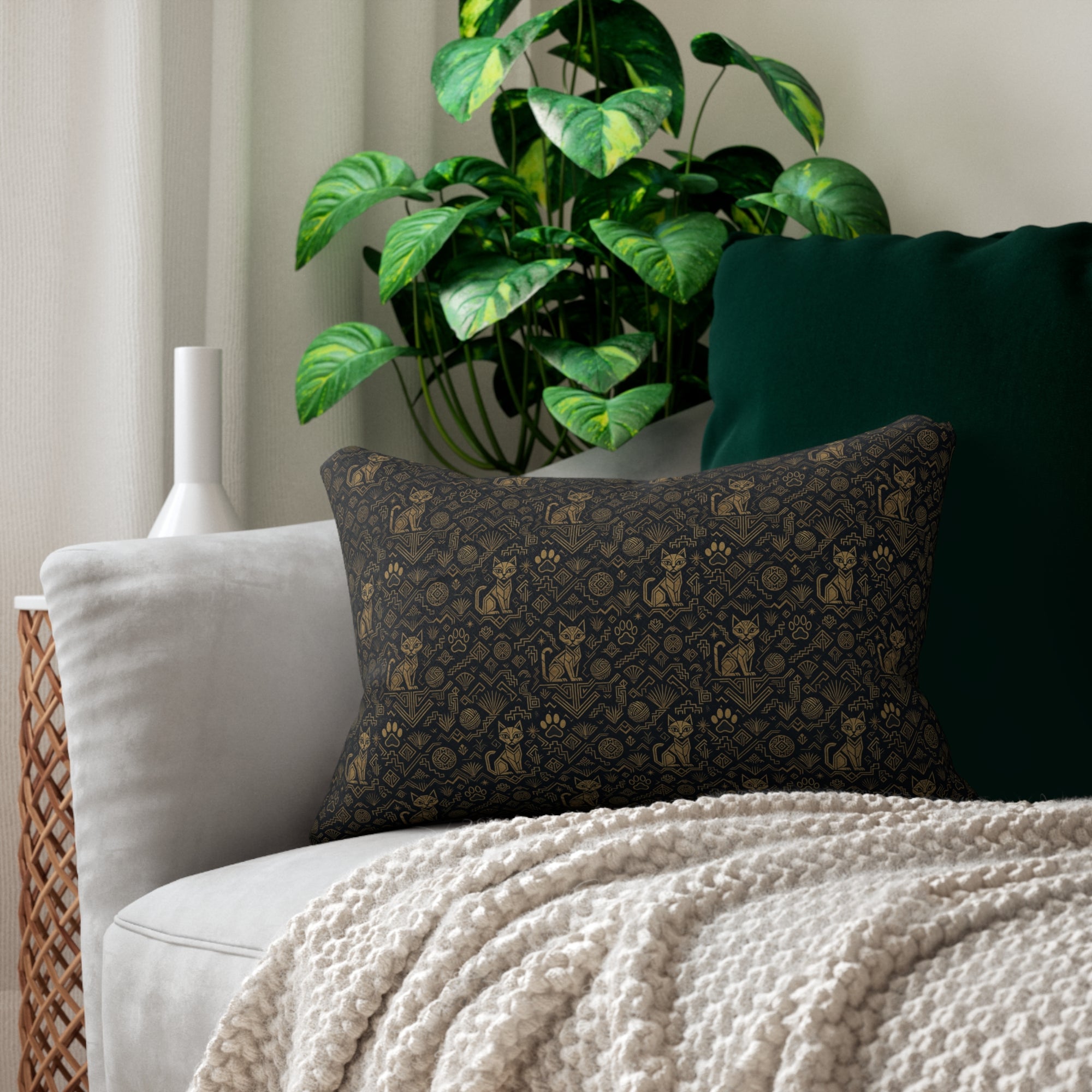 Indoor Lumbar Pillow - Art Deco Inspired Golden Cat Silhouettes and Geometric Patterns Create a Sophisticated and Stylized Modern Design