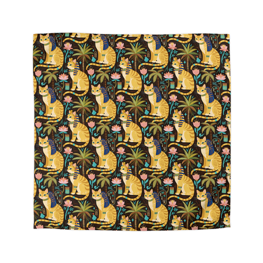 Duvet Cover - Golden Egyptian Cats with Pharaonic Headpieces Amidst Lush Palms and Lotus Flowers in an Exotic and Vibrant Scene
