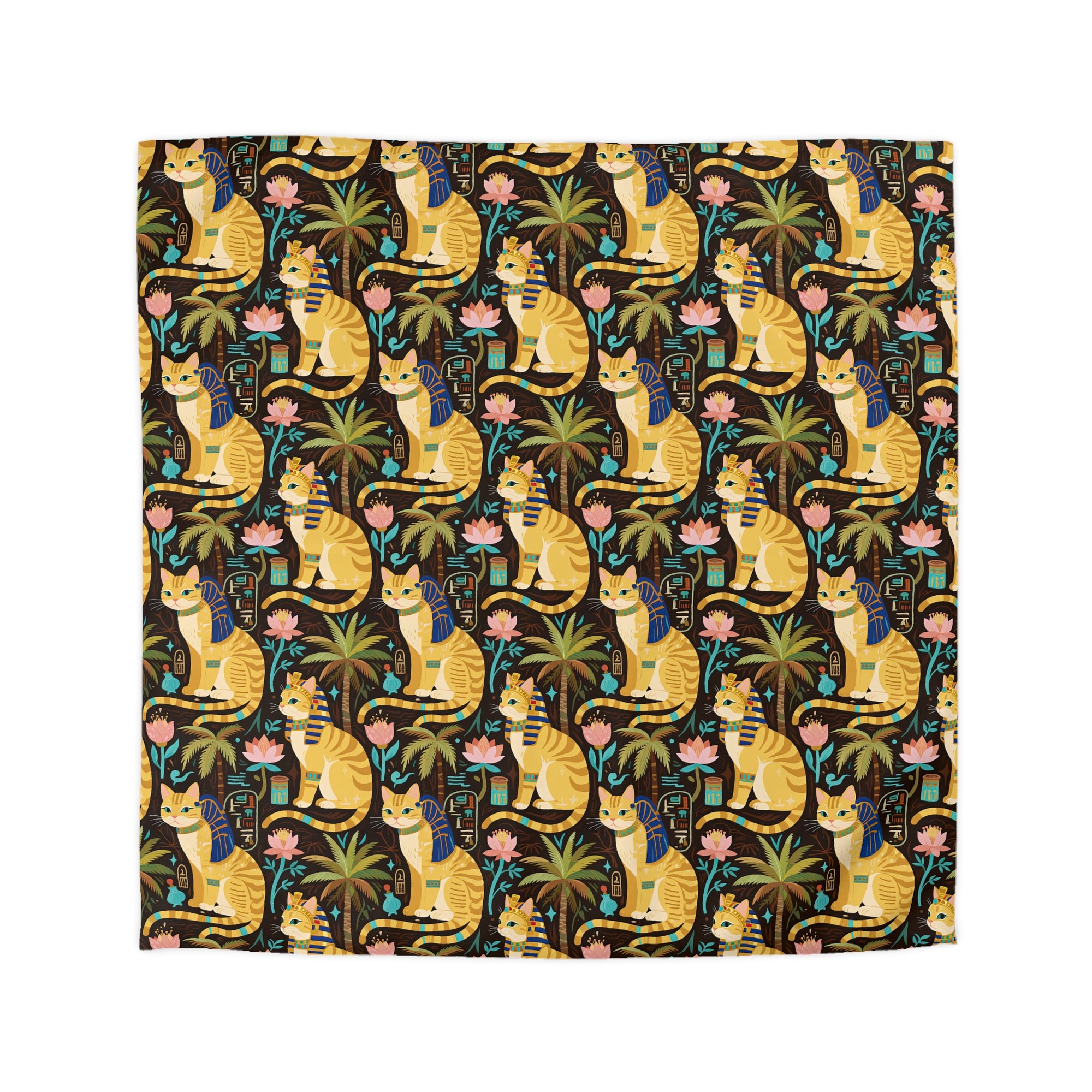 Duvet Cover - Golden Egyptian Cats with Pharaonic Headpieces Amidst Lush Palms and Lotus Flowers in an Exotic and Vibrant Scene