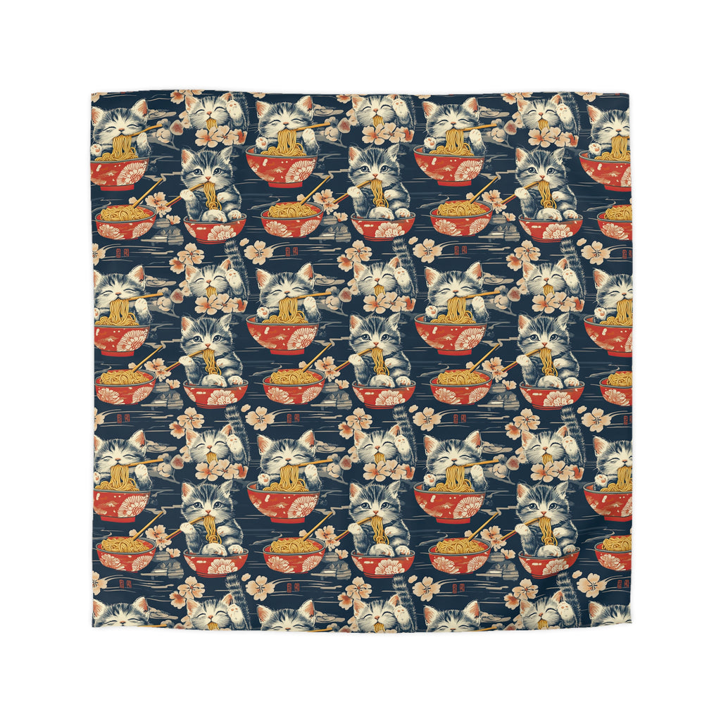 Duvet Cover - A charming and detailed illustration of happy kittens in red ramen bowls eating their noodles with chopsticks among beautiful pink cherry blossoms on a dark background.