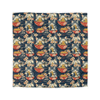 Duvet Cover - A charming and detailed illustration of happy kittens in red ramen bowls eating their noodles with chopsticks among beautiful pink cherry blossoms on a dark background.