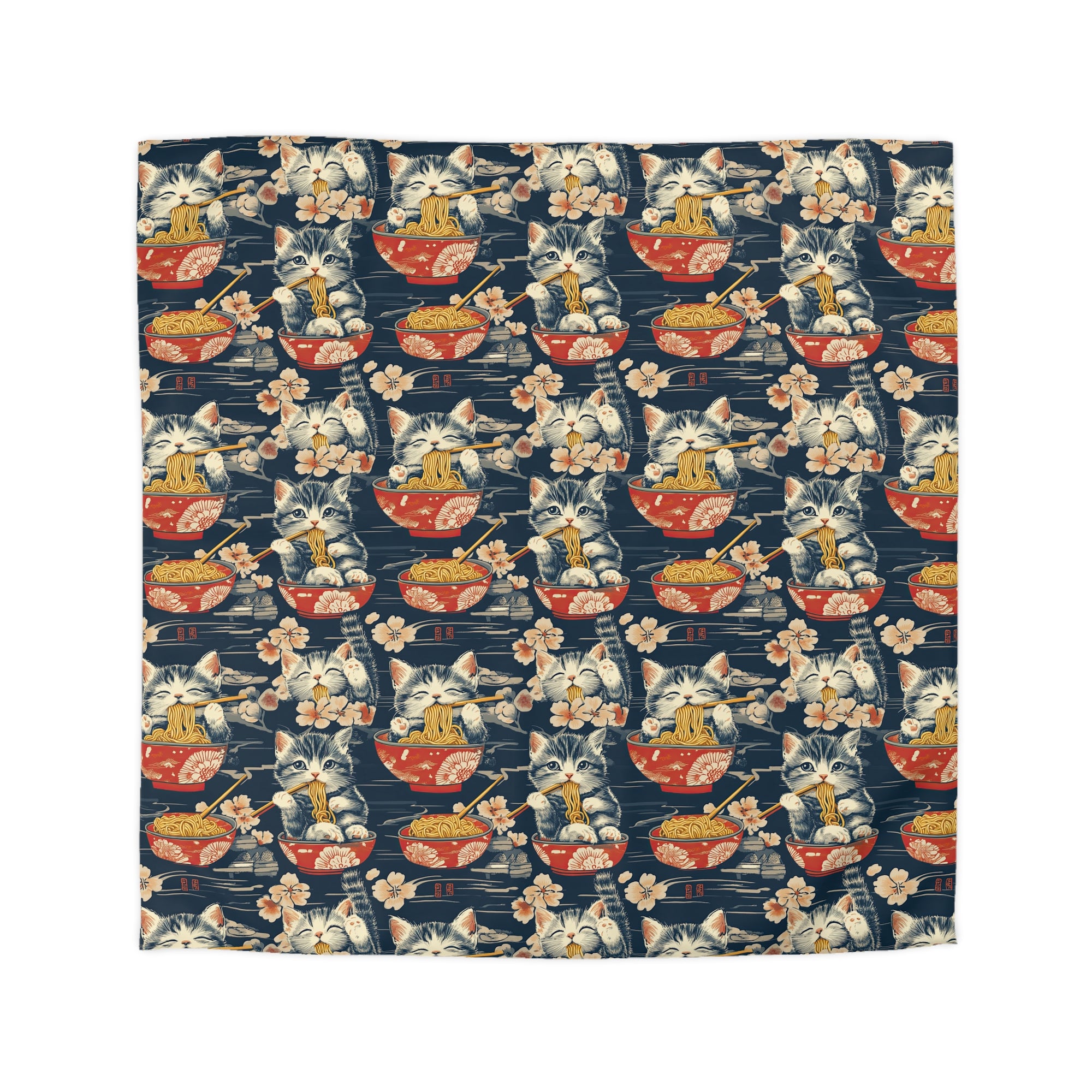 Duvet Cover - A charming and detailed illustration of happy kittens in red ramen bowls eating their noodles with chopsticks among beautiful pink cherry blossoms on a dark background.