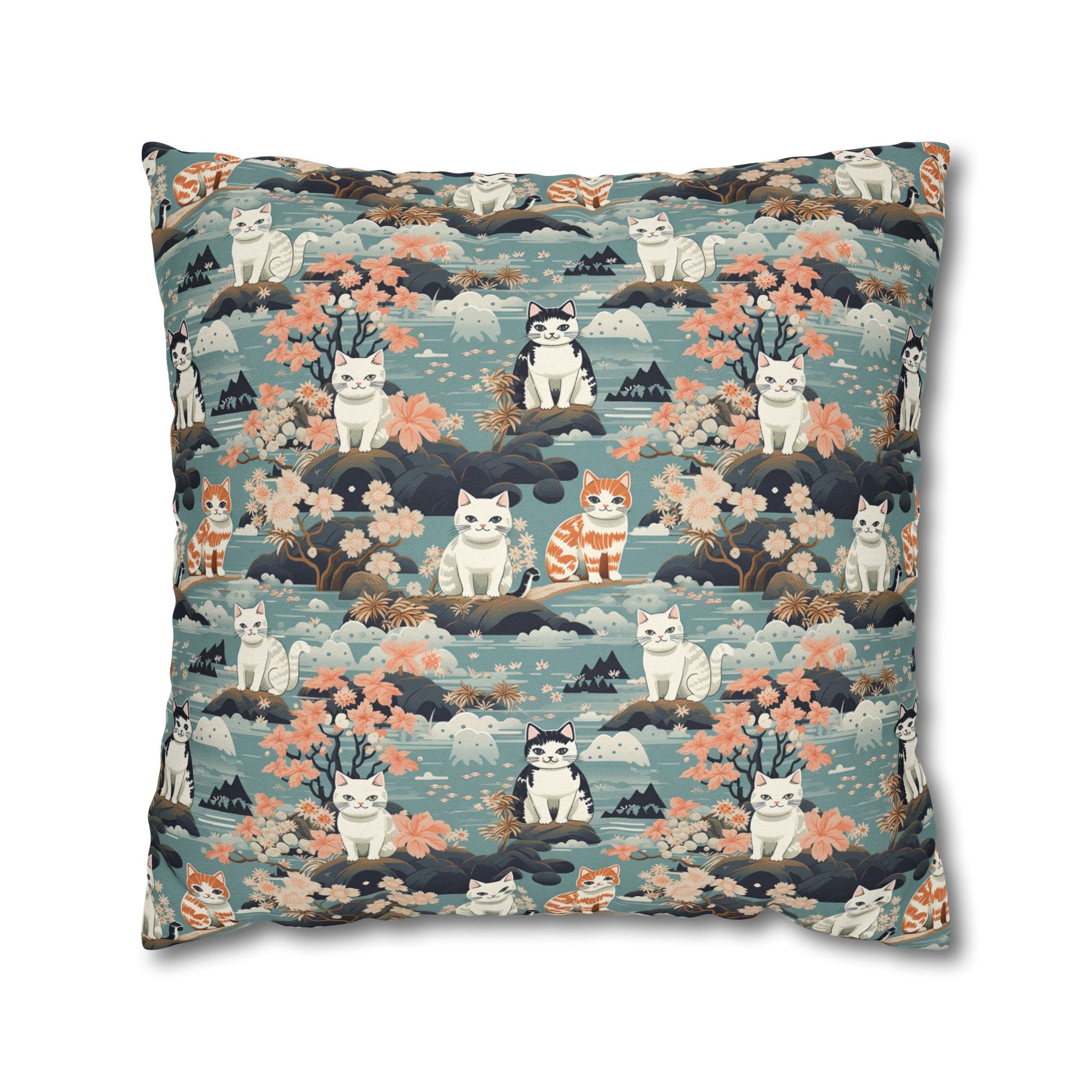 Square Pillowcase - A serene watercolor painting of fluffy cats lounging on rocks, surrounded by cherry blossoms and blue water, in a tranquil, nature-filled, Japanese-inspired landscape.