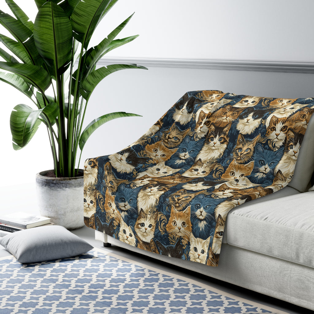 Sherpa Blanket - Blue Eyed Cats with Brown and White Fur on a Deep Blue Damask Background