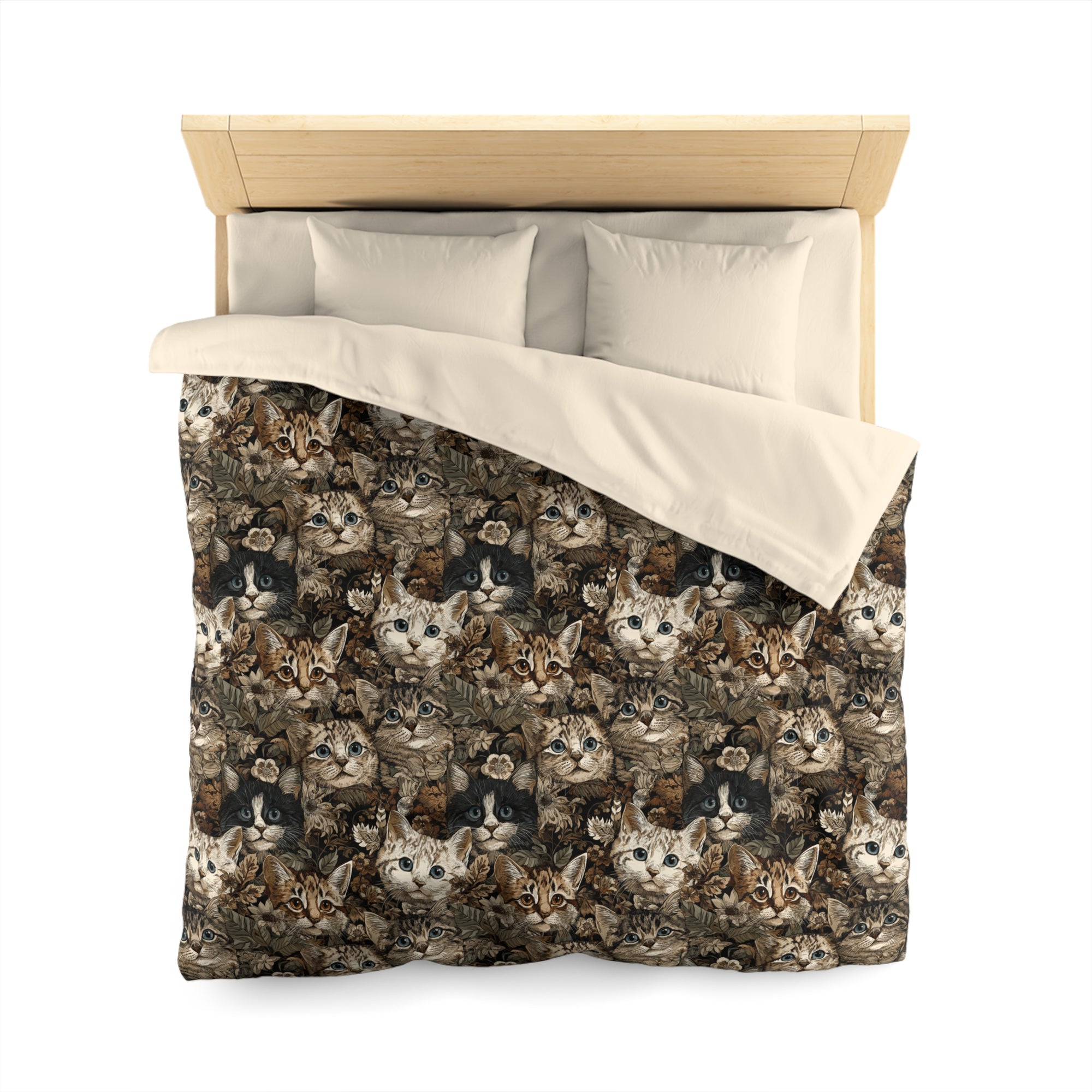Duvet Cover - An intricate and detailed vintage illustration featuring a close-up of various fluffy cats with bright eyes amidst lush, ornate floral foliage in sepia tones.