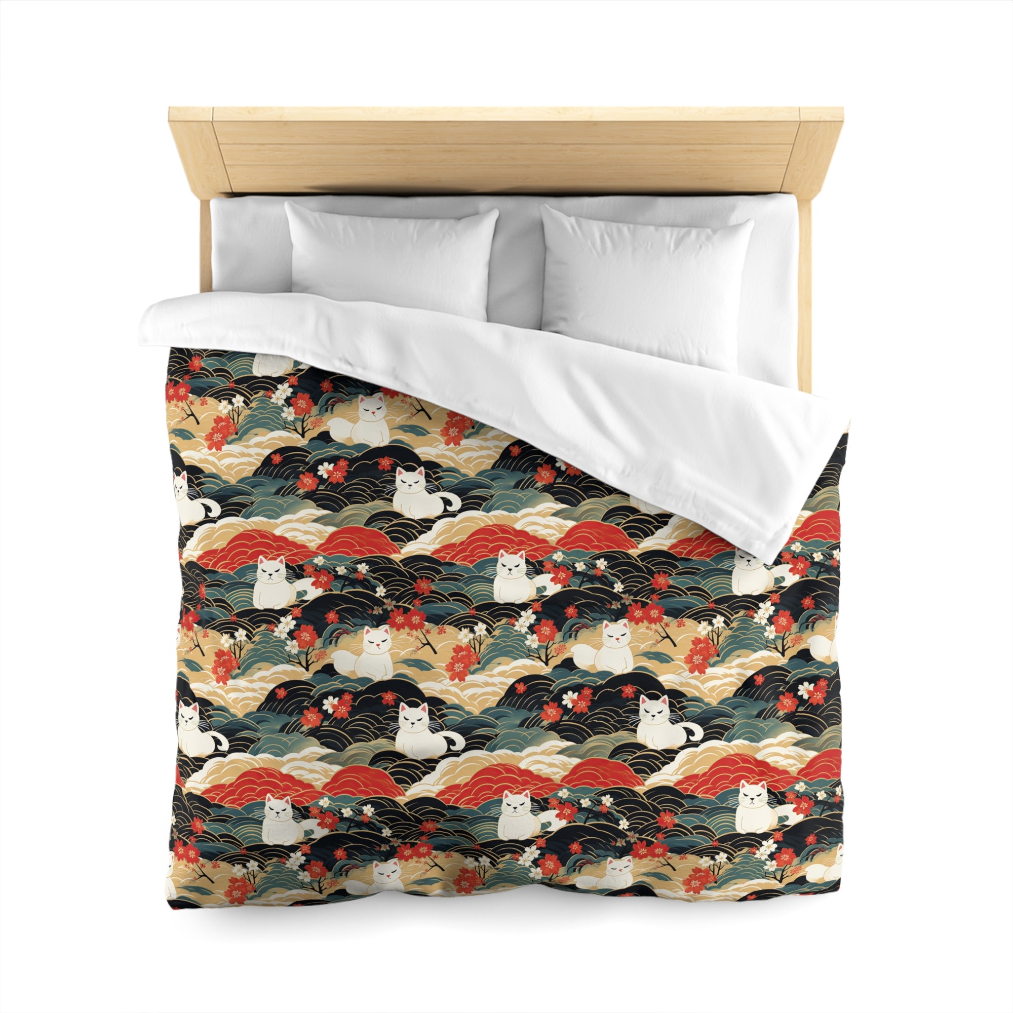 Duvet Cover - A beautiful, Japanese-inspired illustration of tranquil white cats resting on rolling clouds with vibrant red and white cherry blossoms.