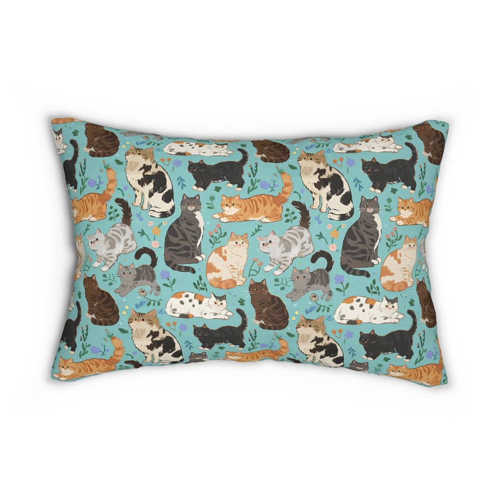 Indoor Lumbar Pillow - A Delightful Assortment of Charming Cats in Diverse Poses and Breeds Scattered Across a Soft Blue Floral Background