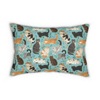 Indoor Lumbar Pillow - A Delightful Assortment of Charming Cats in Diverse Poses and Breeds Scattered Across a Soft Blue Floral Background