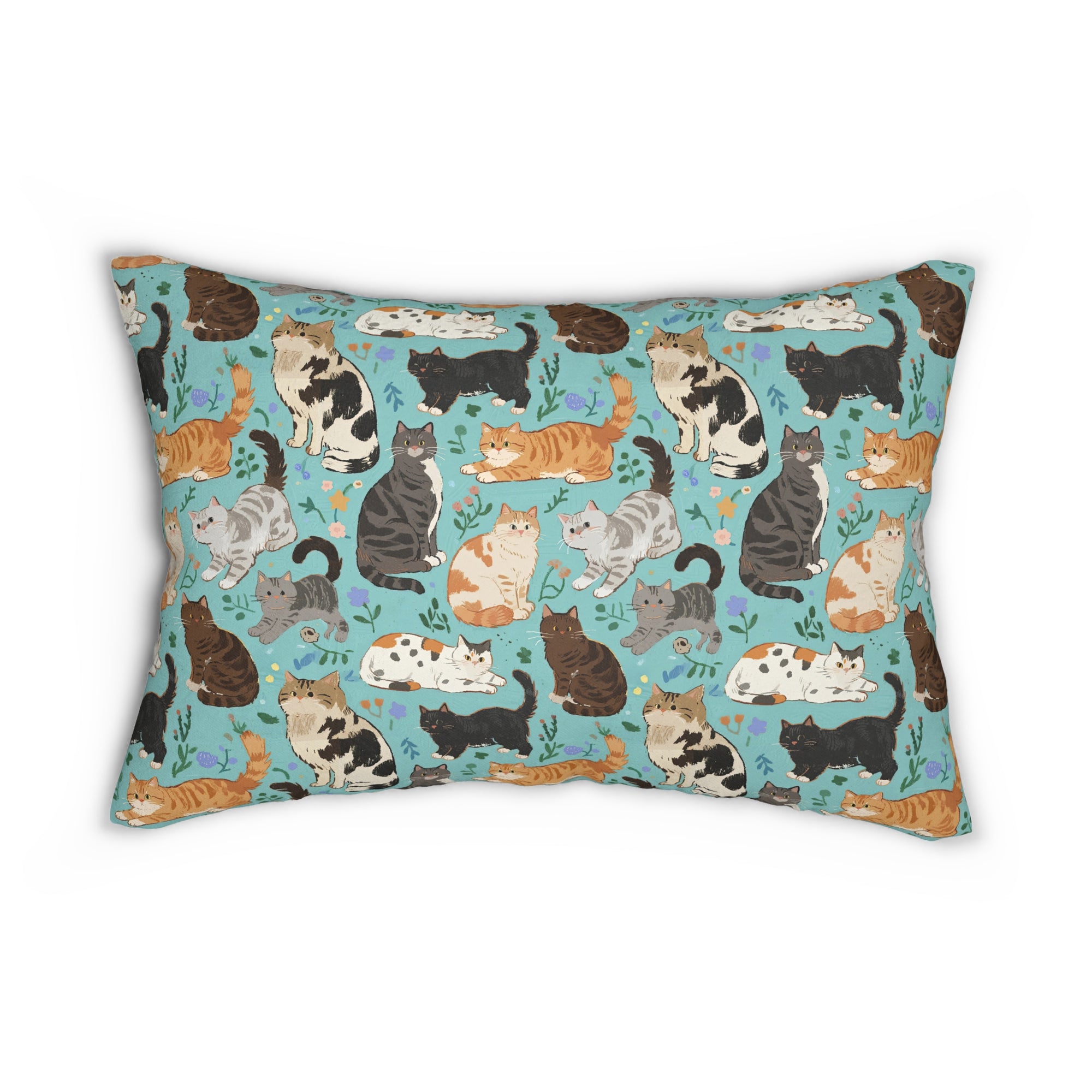 Indoor Lumbar Pillow - A Delightful Assortment of Charming Cats in Diverse Poses and Breeds Scattered Across a Soft Blue Floral Background