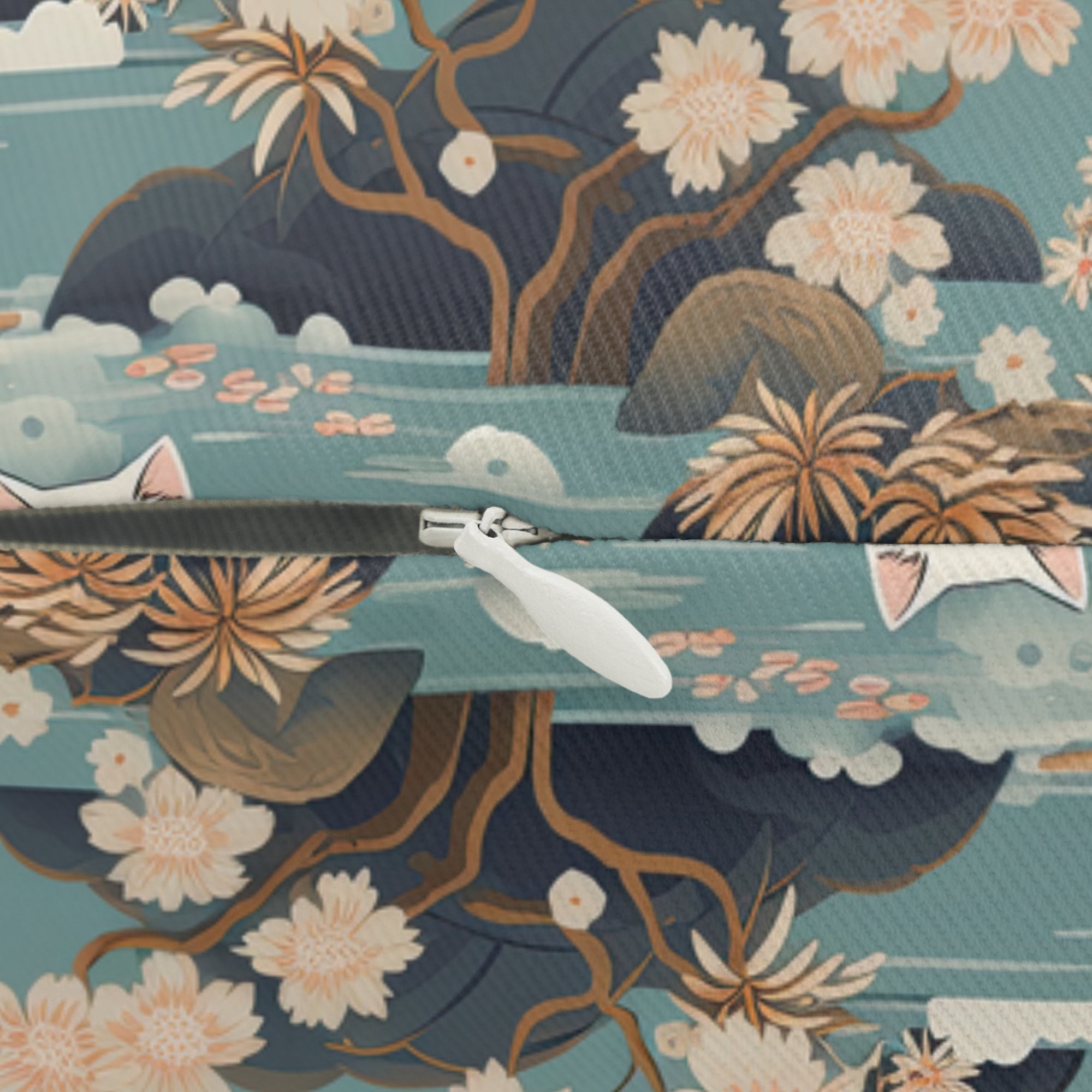 Indoor Lumbar Pillow - A serene watercolor painting of fluffy cats lounging on rocks, surrounded by cherry blossoms and blue water, in a tranquil, nature-filled, Japanese-inspired landscape.