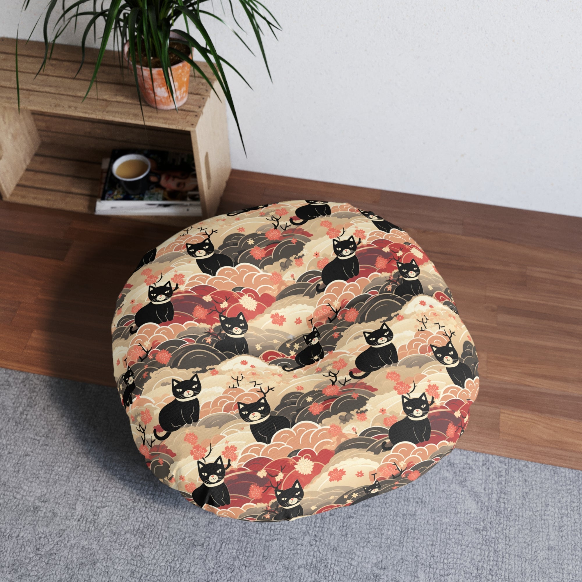 Indoor Round Floor Pillow - A whimsical and enchanting Japanese-style pattern featuring cute black and orange cats nestled among vibrant orange blossoms and soft, cloudy backgrounds.