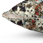 Indoor Square Pillow - Colorful Kitten Faces with Red and Blue Flowers, Whimsical and Bright, Pattern Design
