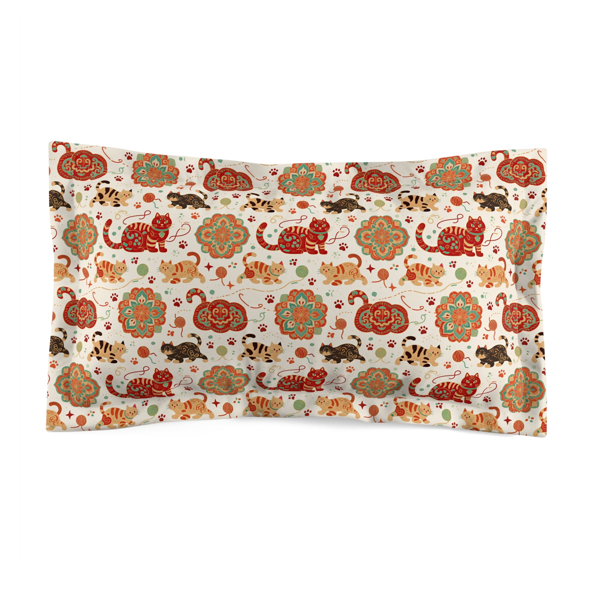 Pillow Sham - Vibrant boho chic cats and mandalas, colorful folk art style, playful felines with yarn and paw prints, artistic and bohemian cat design, cream background, unique animal print