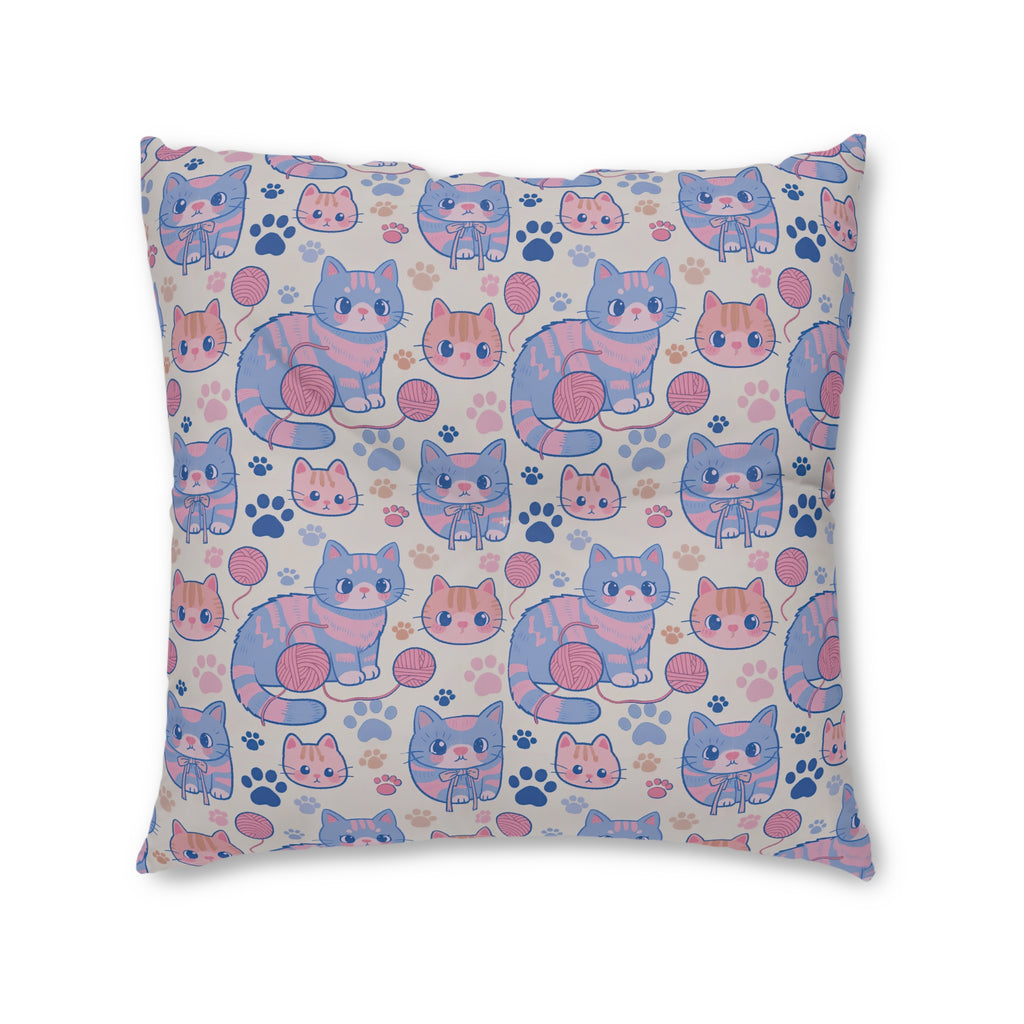 Indoor Square Floor Pillow - Sweet pastel blue and pink cartoon cats, cute kawaii style kittens with yarn and paw prints, charming and playful animal design, light cream background, delightful pet pattern