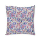 Indoor Square Floor Pillow - Sweet pastel blue and pink cartoon cats, cute kawaii style kittens with yarn and paw prints, charming and playful animal design, light cream background, delightful pet pattern