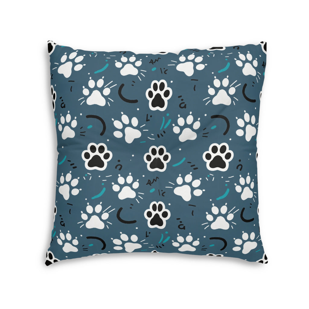 Indoor Square Floor Pillow - Vibrant boho chic cats and mandalas, colorful folk art style, playful felines with yarn and paw prints, artistic and bohemian cat design, cream background, unique animal print