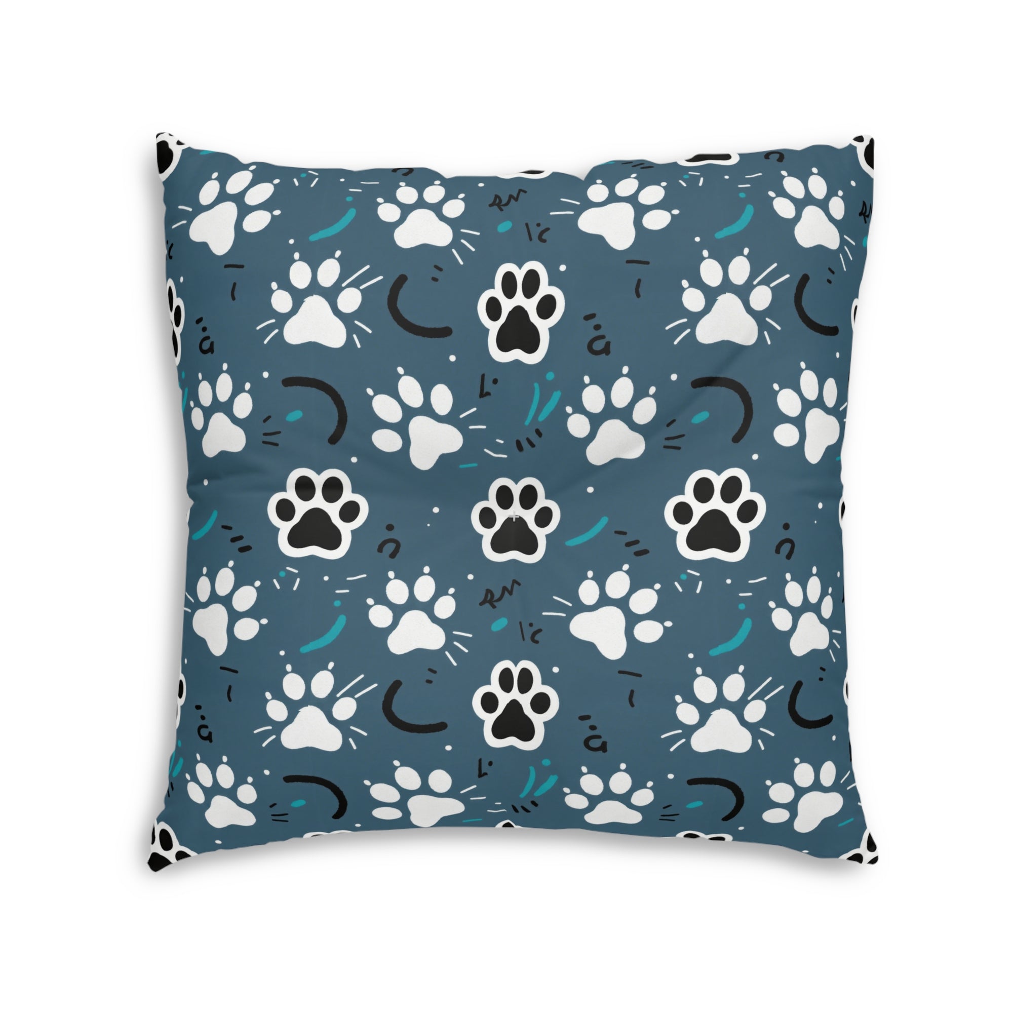 Indoor Square Floor Pillow - Vibrant boho chic cats and mandalas, colorful folk art style, playful felines with yarn and paw prints, artistic and bohemian cat design, cream background, unique animal print