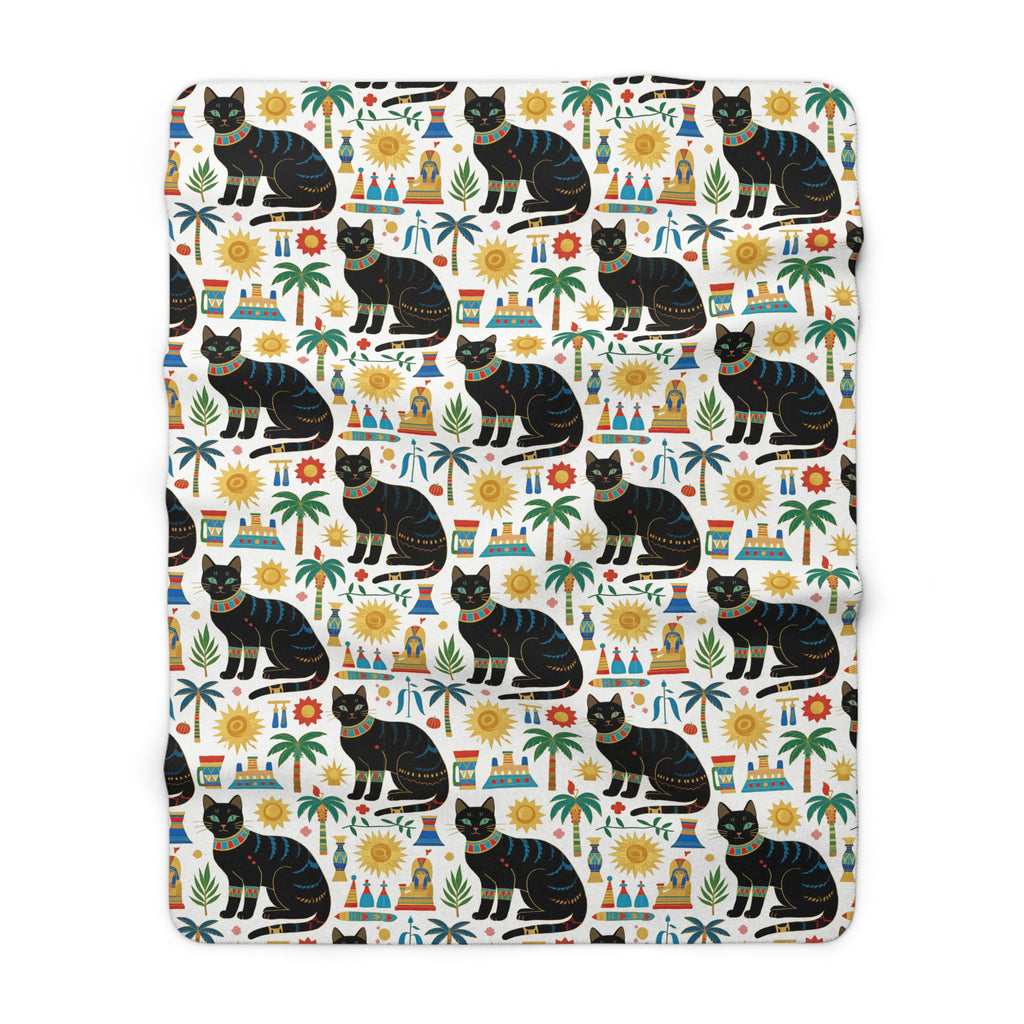 Sherpa Blanket - Majestic Black Egyptian Cats with Vibrant Adornments and Desert Motifs Create a Striking and Culturally Rich Design