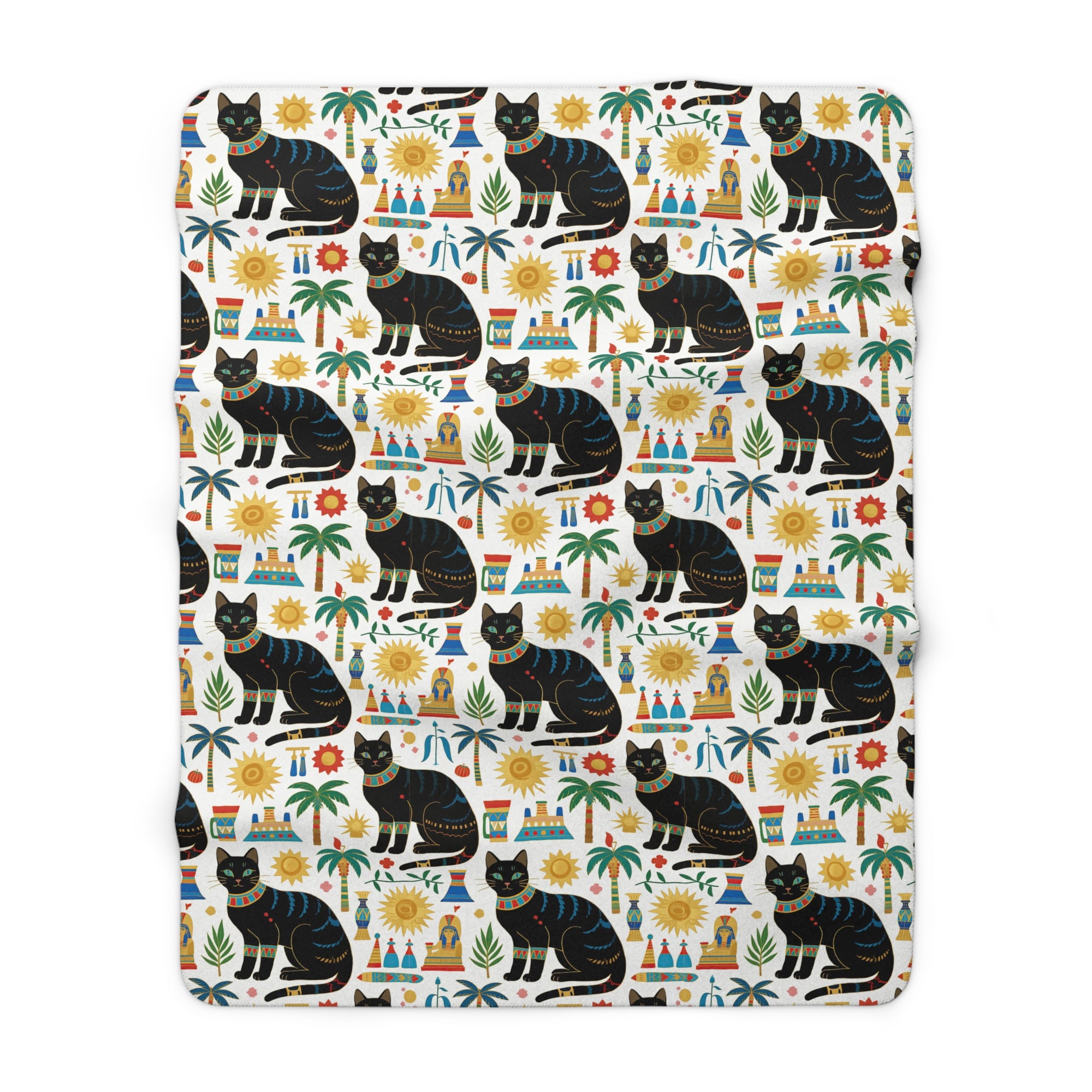 Sherpa Blanket - Majestic Black Egyptian Cats with Vibrant Adornments and Desert Motifs Create a Striking and Culturally Rich Design