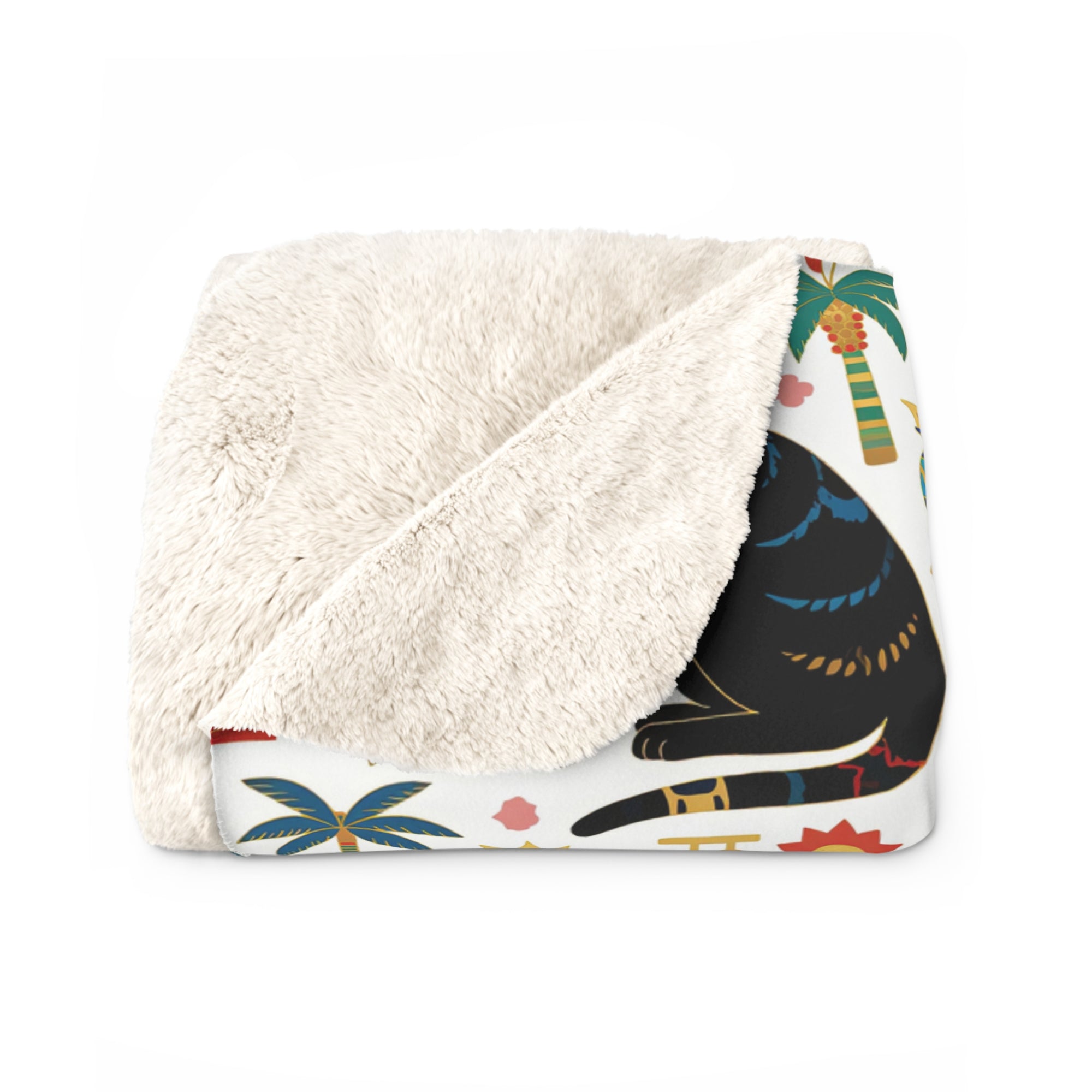 Sherpa Blanket - Majestic Black Egyptian Cats with Vibrant Adornments and Desert Motifs Create a Striking and Culturally Rich Design