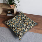 Indoor Square Floor Pillow - Black and White Kittens with Yellow and White Flowers, Dark Blue Leaves, Vintage Charm