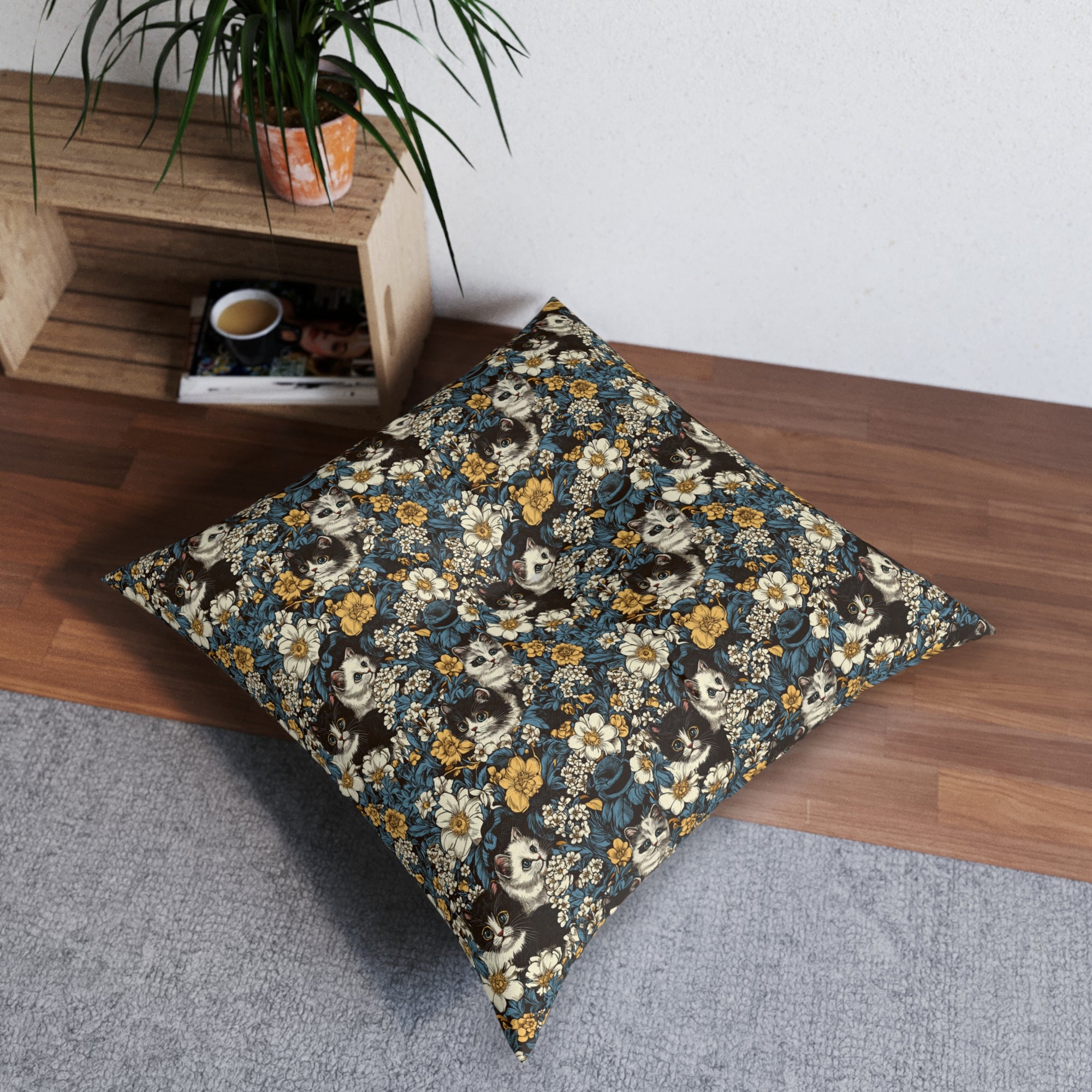 Indoor Square Floor Pillow - Black and White Kittens with Yellow and White Flowers, Dark Blue Leaves, Vintage Charm
