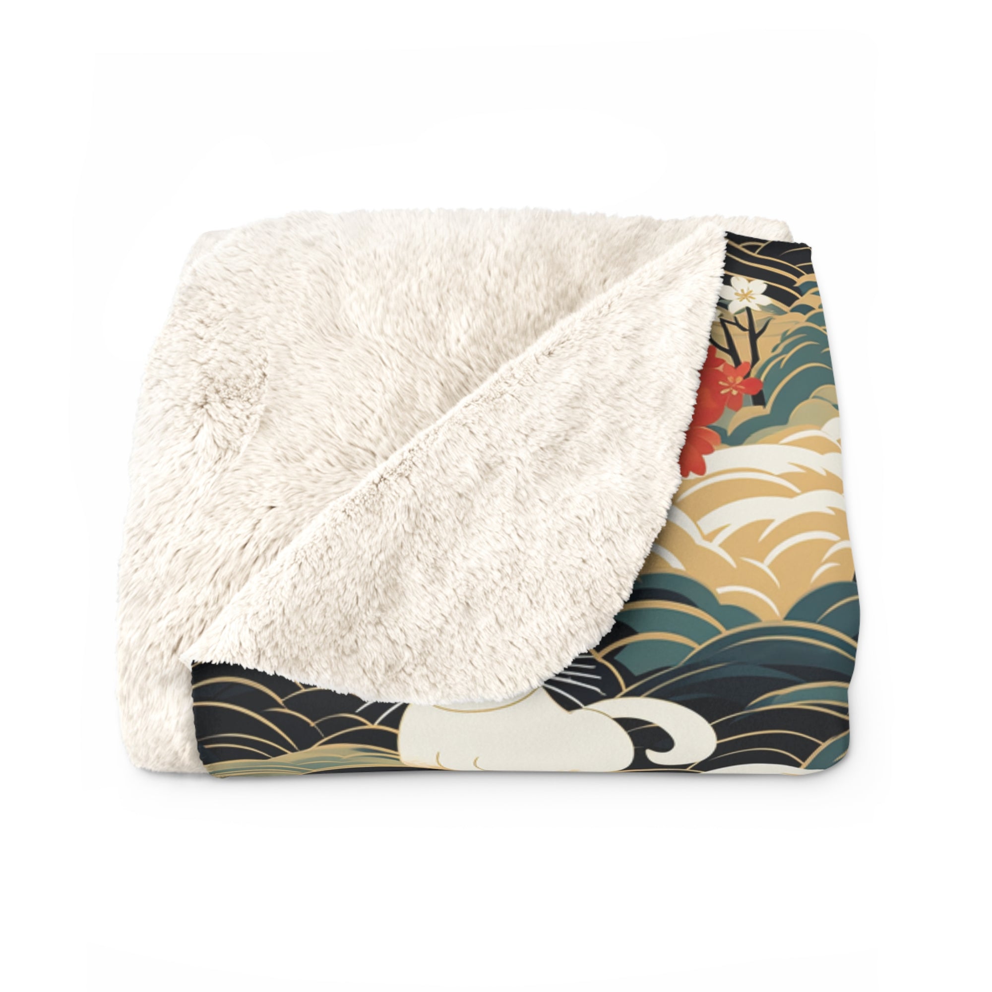 Sherpa Blanket - A beautiful, Japanese-inspired illustration of tranquil white cats resting on rolling clouds with vibrant red and white cherry blossoms.