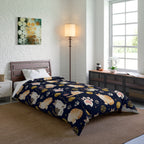 Comforter - Charming cats and golden yarn playful design, cute kittens with paw prints, whimsical animal art for cat lovers, dark blue background, delightful pet themed illustration