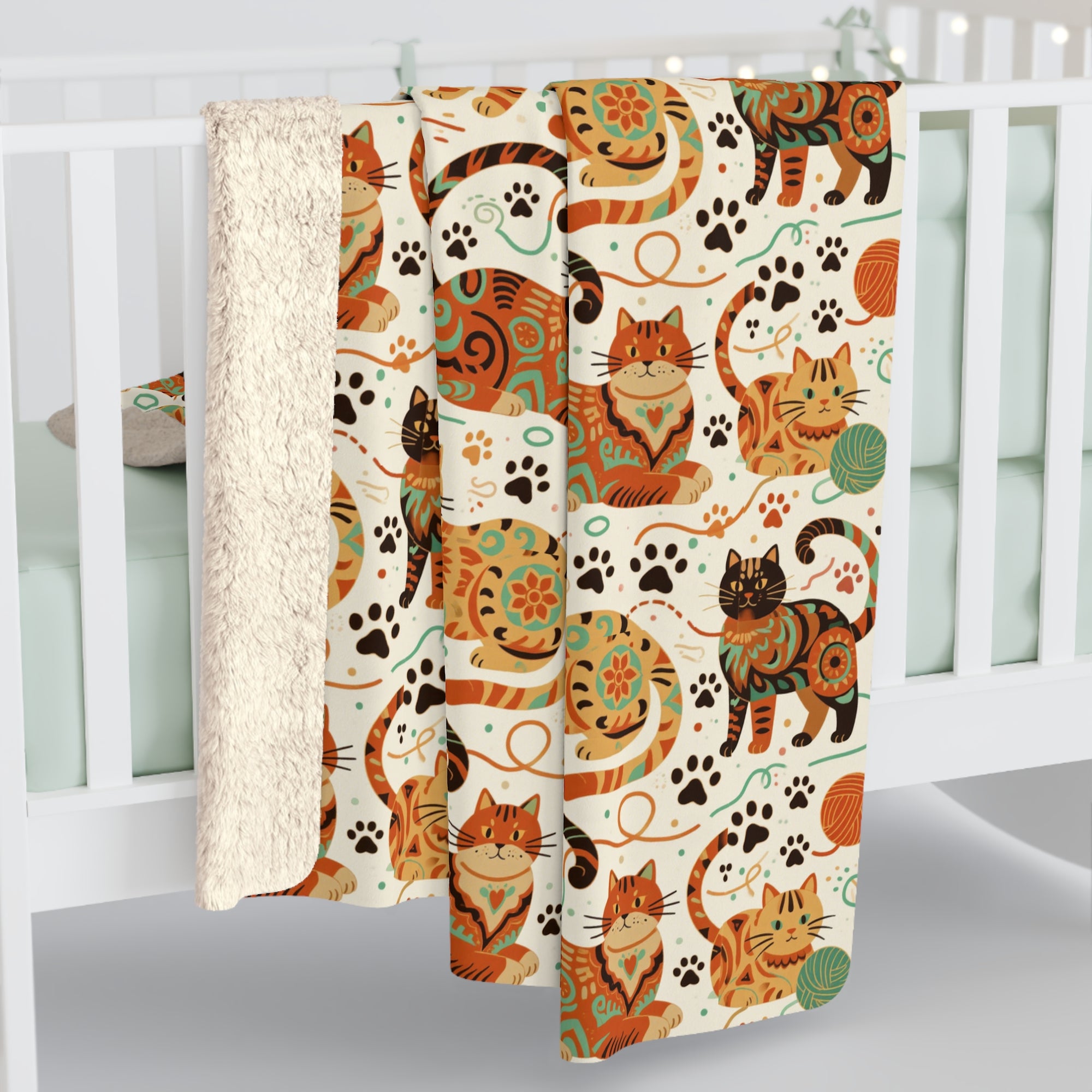 Sherpa Blanket - Colorful folk art patterned cats, vibrant orange and teal hues, playful felines with yarn and paw prints, bohemian animal illustration, cream background, artistic and cheerful design
