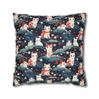 Square Pillowcase - A serene and sweet Japanese landscape pattern featuring multicolored cats relaxing within a tranquil field of red and white flowers and gentle blue hills.
