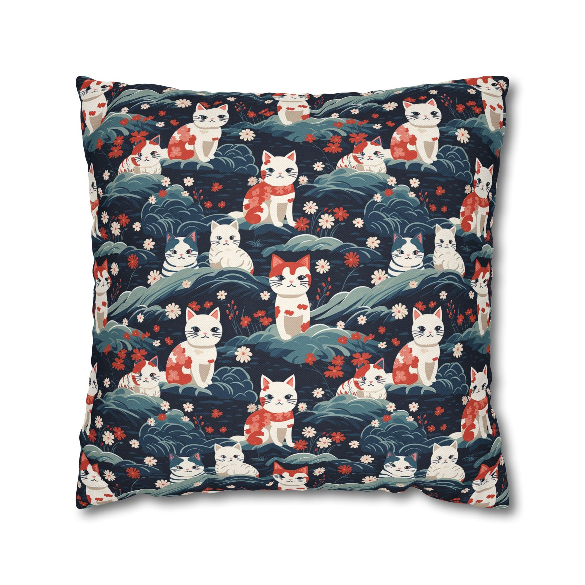 Square Pillowcase - A serene and sweet Japanese landscape pattern featuring multicolored cats relaxing within a tranquil field of red and white flowers and gentle blue hills.