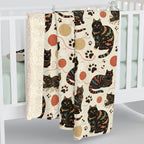 Sherpa Blanket - Intricate tribal patterned black cats, colorful folk art style, playful felines with yarn balls and paw prints, artistic and bohemian cat design, cream background, unique animal print