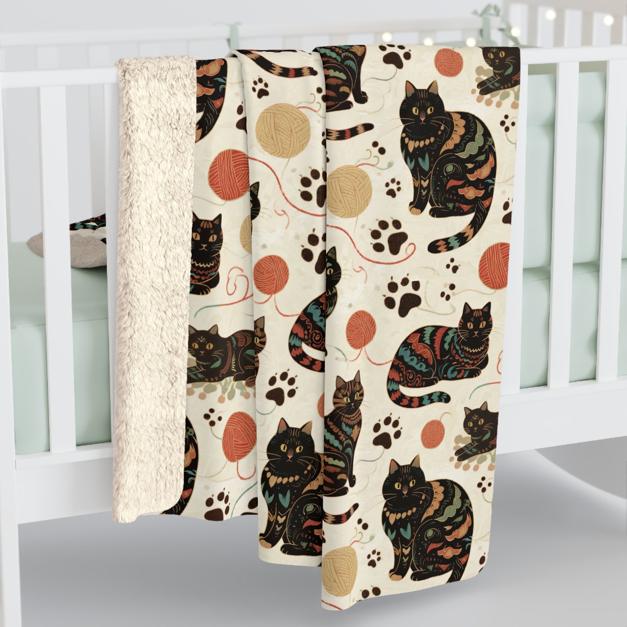 Sherpa Blanket - Intricate tribal patterned black cats, colorful folk art style, playful felines with yarn balls and paw prints, artistic and bohemian cat design, cream background, unique animal print