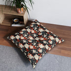Indoor Square Floor Pillow - A detailed and ornate Victorian-style pattern featuring a tight grouping of fluffy cats of various colors surrounded by black and red flowers and leaves.