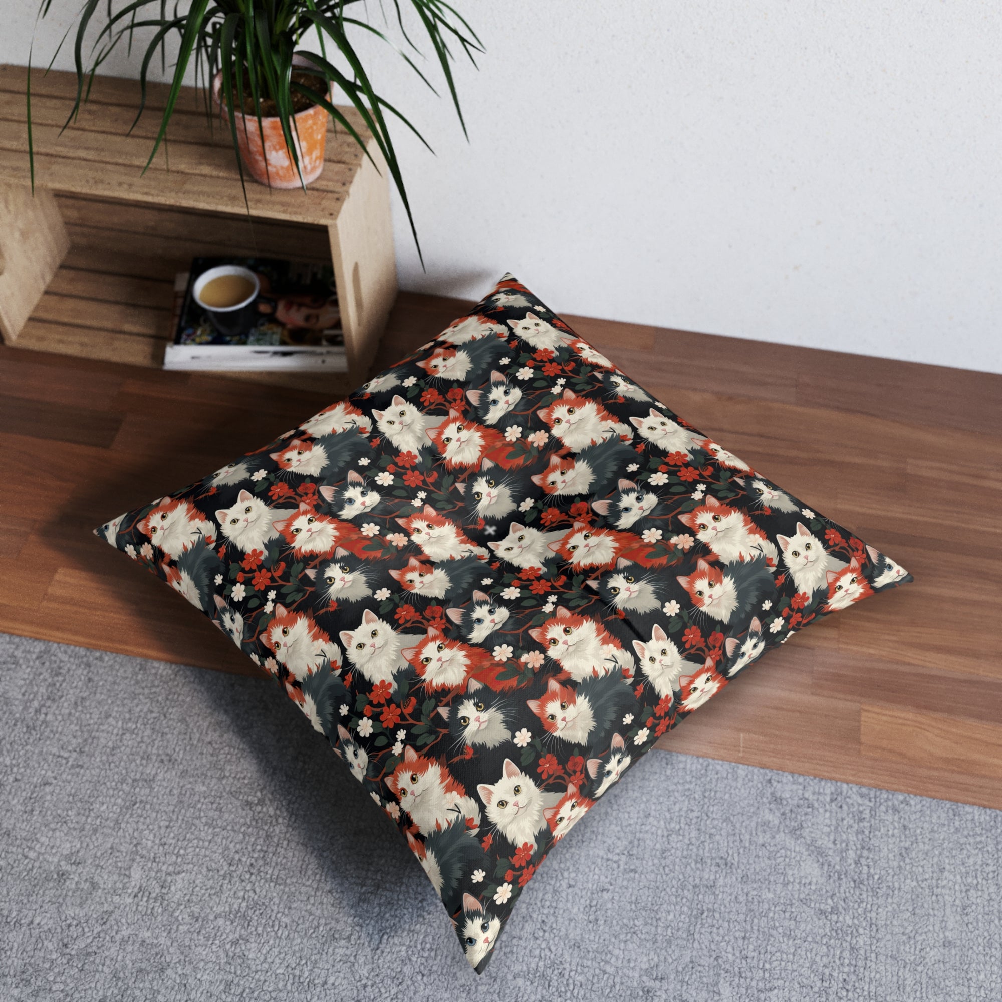 Indoor Square Floor Pillow - A detailed and ornate Victorian-style pattern featuring a tight grouping of fluffy cats of various colors surrounded by black and red flowers and leaves.