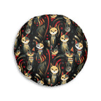 Indoor Round Floor Pillow - A bold and striking Art Deco pattern showcasing stylized feline portraits with sharp, gold lines and geometric shapes set against a dark, dramatic background.