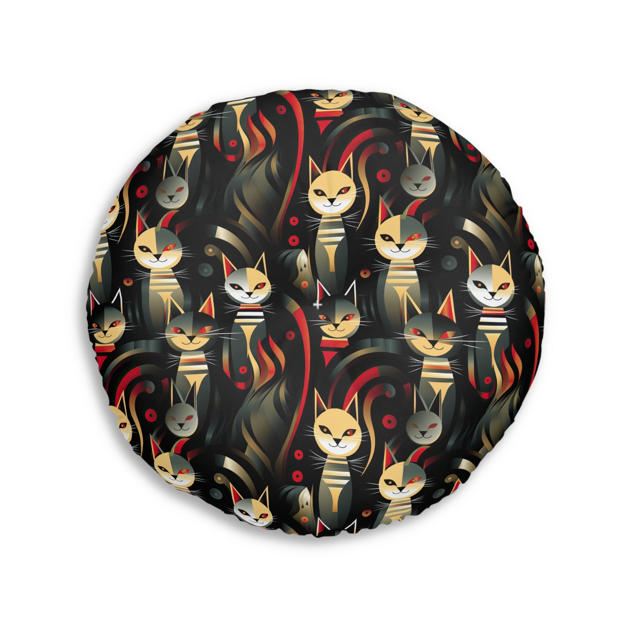 Indoor Round Floor Pillow - A bold and striking Art Deco pattern showcasing stylized feline portraits with sharp, gold lines and geometric shapes set against a dark, dramatic background.