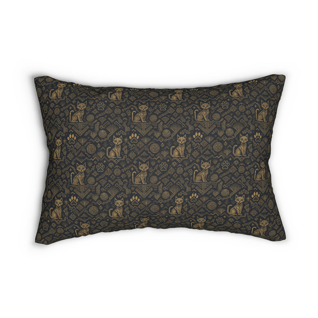 Indoor Lumbar Pillow - Art Deco Inspired Golden Cat Silhouettes and Geometric Patterns Create a Sophisticated and Stylized Modern Design